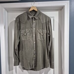 Ryan Michael Shirt Mens Large Green Gray Pearl Snap Western Silk Blend Cowboy
